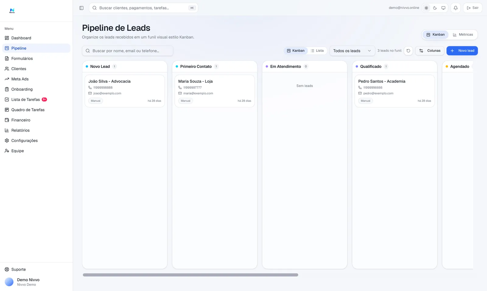 Pipeline de leads no Nivvo